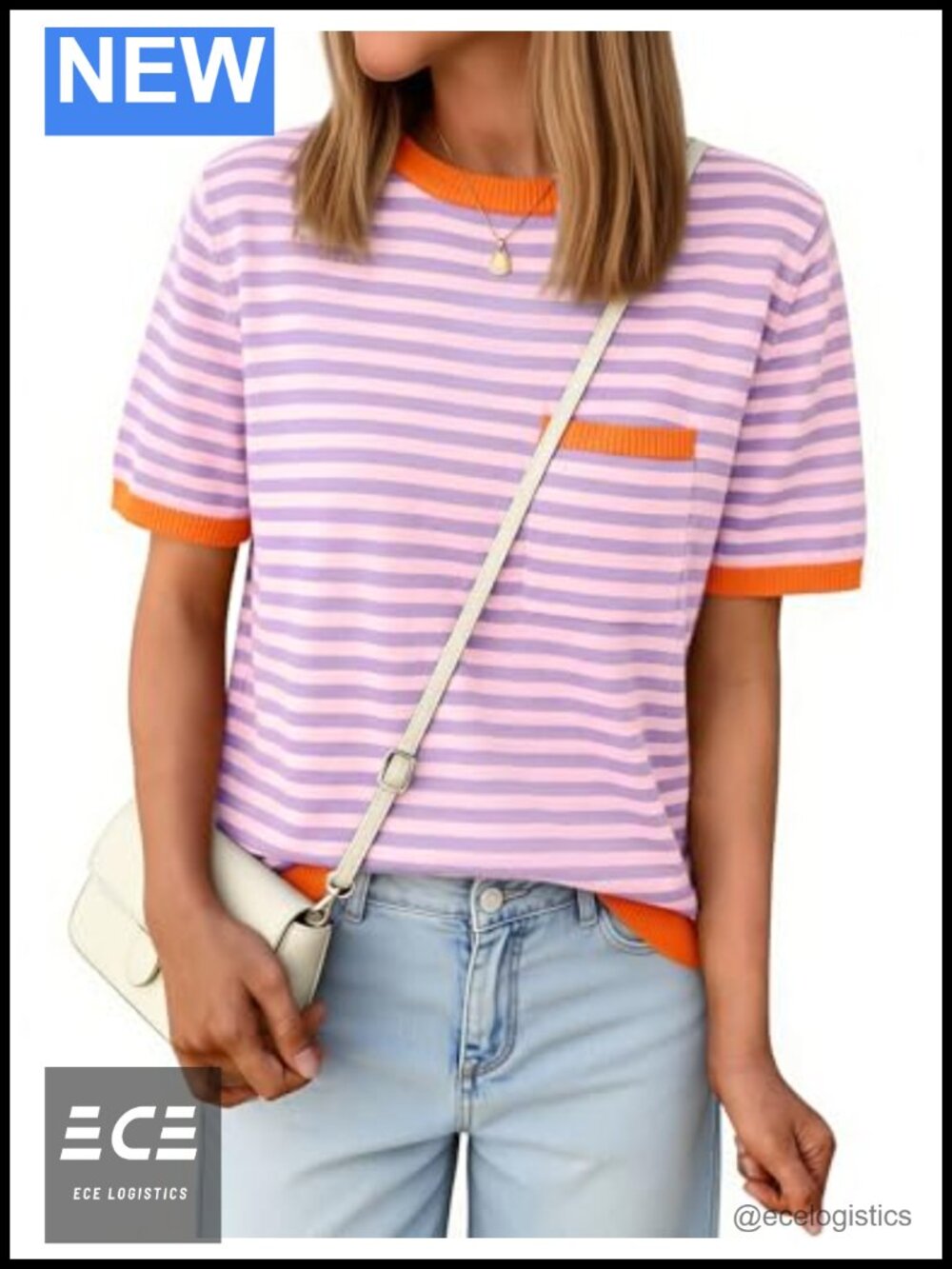 Womens Striped Short Sleeve Knit Sweater Lightweight Casual Top